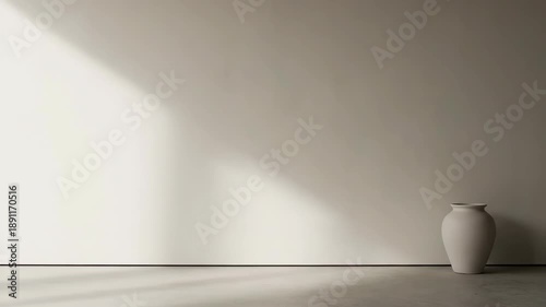 Minimalist Aesthetic Interior Background with Large Beige Ceramic Vase and Dramatic Window Light Shadow on Plain Wall and Concrete Floor