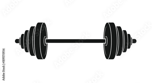 A stark black silhouette of a standard barbell with weight plates on each side is prominently displayed against a white background silhouette