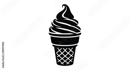 A striking black and white illustration depicts a classic soft serve ice cream cone capturing a delightful treat in silhouette