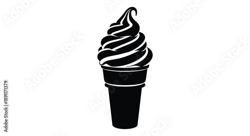 A striking black silhouette depicts a swirling soft serve ice cream cone against a plain white background creating a bold contrast silhouette