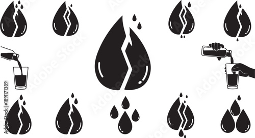 Oil Drop Icons and Fuel Pump Nozzle Illustrations Set