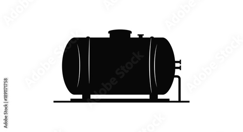 A stark black silhouette of a large industrial storage tank against a plain white background a simple representation silhouette