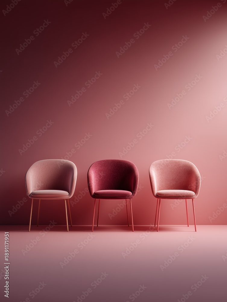 Obraz premium Elegant trio of pink chairs against a gradient red backdrop, showcasing contemporary design and vibrant color contrast.