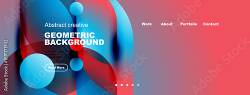 Modern website mockup features vibrant geometric shapes, text overlays, navigation menu. Red gradient dominates right side.