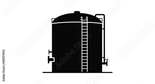 A stark black silhouette of a large industrial storage tank with a ladder ascending its side silhouette high quality professional