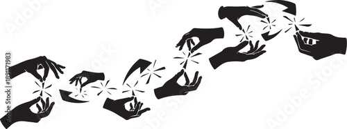 Black and white illustration of hands and eyes connected