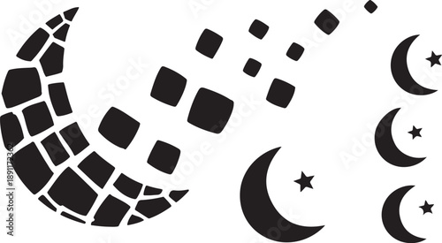 Black crescent moon and star shapes on white background
