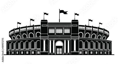 A striking black and white illustration depicts a classic roman colosseum with detailed architectural features presented as a silhouette