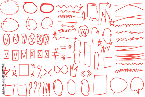 collection of hand-drawn red doodle elements, including lines, shapes, symbols, and punctuation marks, designed to mimic crayon or pencil strokes. 