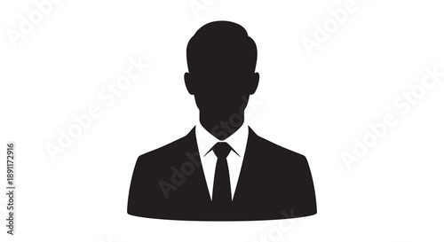 A stark black silhouette depicts a man in a suit and tie presenting a formal and anonymous figure silhouette