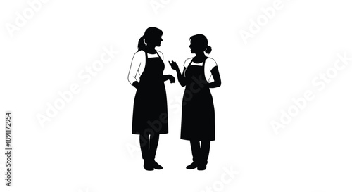 Two women in aprons conversing a striking black silhouette