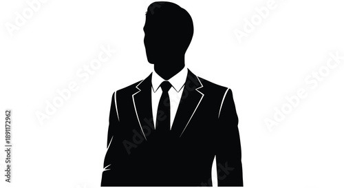 A sharply dressed man in a suit and tie is depicted as a stark black form against a white backdrop silhouette