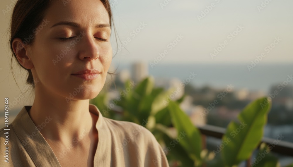 Naklejka premium Woman meditating on hotel balcony with hands in prayer pose and soft sunlight for calm focus