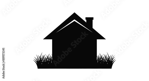 A stark black silhouette of a simple house with a chimney and minimal grass details stands out against a bright white background silhouette