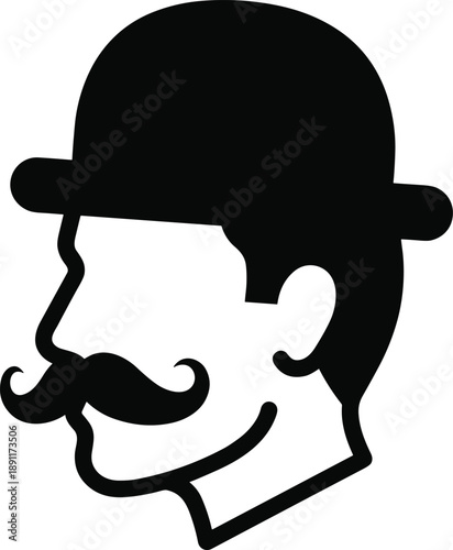 Vintage gentleman profile logo with bowler hat and mustache black silhouette vector icon for classic branding design emblem retro style