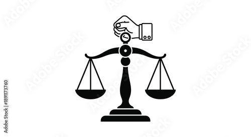A stark black silhouette depicts the scales of justice being held by a hand symbolizing control and legal power silhouette