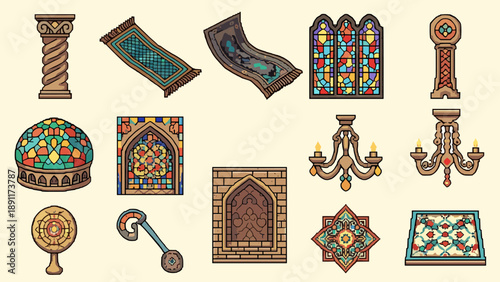 Colorful pixel art medival decor: stained glass, rugs, and chandeliers