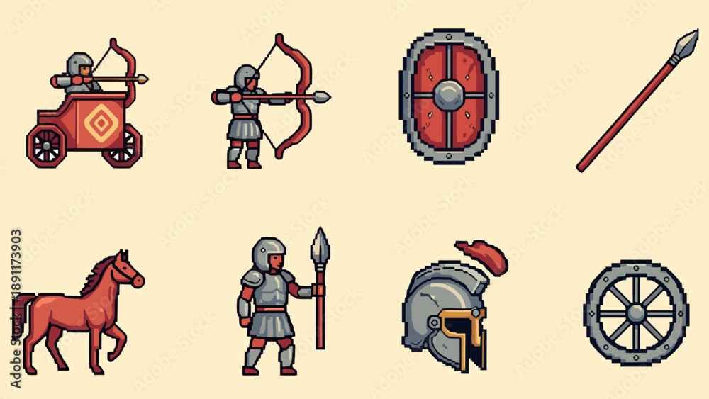 Fototapeta premium Retro pixel art medieval warriors and weapons set