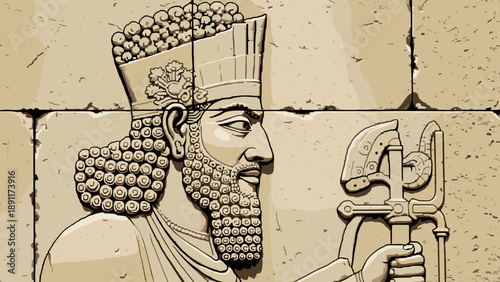 Ancient persian relief of a bearded king holding a scepter on stone wall
