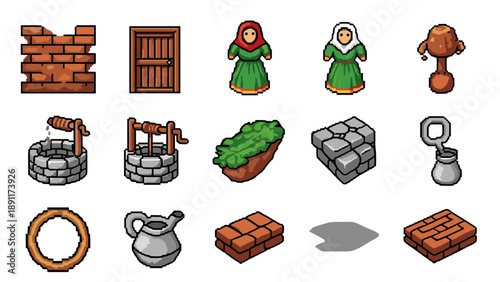 Retro pixel art medieval game assets with characters bricks and items
