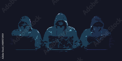 Three hooded figures working on laptops in a dimly lit digital environment