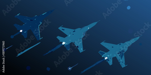 A striking aerial view of fighter jets in a deep blue sky