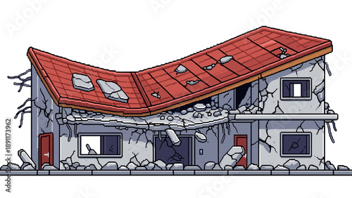 Earthquake-damaged pixel art building with red roof and cracked walls