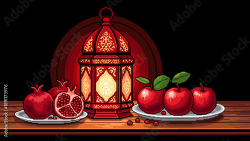 Pixel art lantern with apples and pomegranate on wooden table