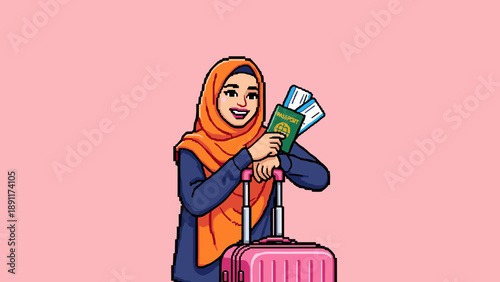 Pixel art muslim woman traveler with passport and suitcase on pink background