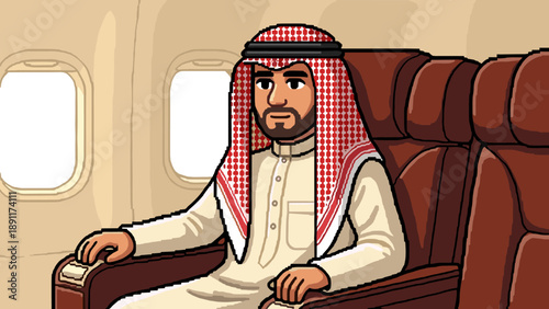 Man in traditional attire sitting in airplane seat pixel art