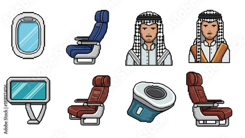 Pixel style airplane interior with diverse passengers and seats