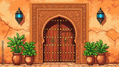 Ornate wooden door with lanterns and potted plants in pixel art style