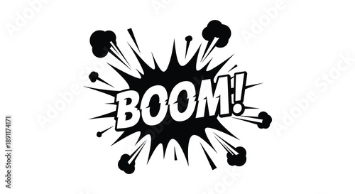 A dynamic black explosion burst with the word boom prominently displayed creating a striking visual impact silhouette high quality professional