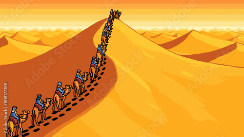 Caravan of camels crossing a vast desert at sunset in retro pixel art style