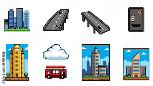 Pixel art city elements: buildings, roads, and transportation in retro style
