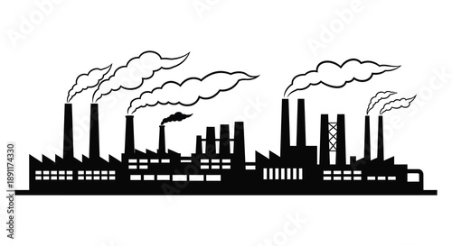 A stark depiction of an industrial complex with multiple smokestacks emitting plumes of smoke presented as a silhouette high quality