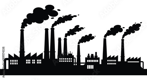 A stark depiction of industrial pollution with multiple factory smokestacks releasing dark plumes into the atmosphere a striking silhouette