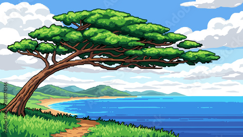 Scenic coastal pixel art: majestic tree by ocean shoreline