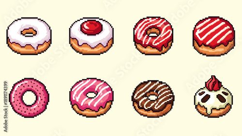 Pixel art donuts: colorful retro sweets with icing and toppings on pastel background