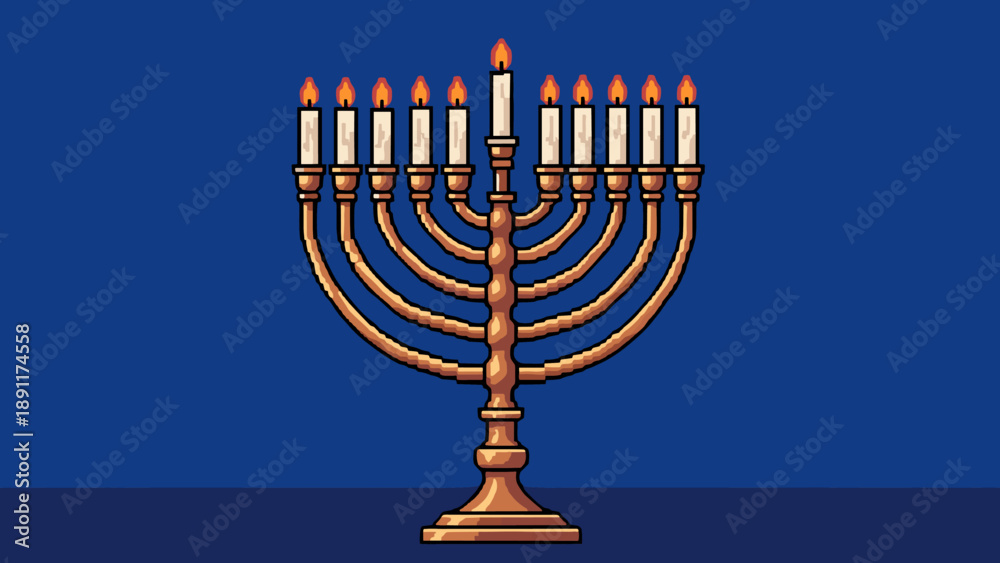 Fototapeta premium Pixel art menorah with lit candles on blue background