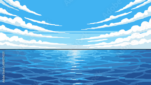 Tranquil ocean horizon at dawn in retro pixel art style
