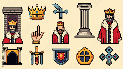 Pixel art medieval icons: kings, crowns, swords, and shields