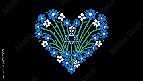 Heart-shaped floral arrangement with star symbol in retro embroidery style