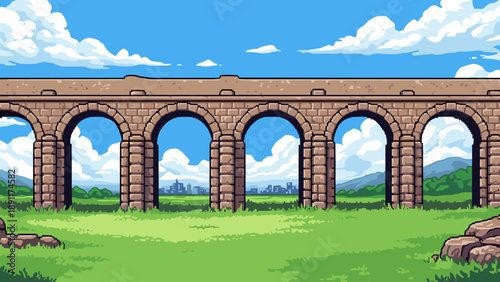 Retro pixel art of ancient aqueduct in scenic countryside landscape