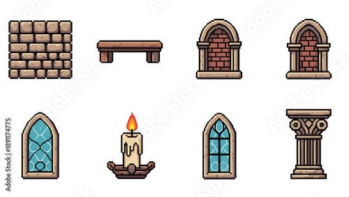 Pixel art medieval elements: brick wall, wooden shelf, windows, candle, and column