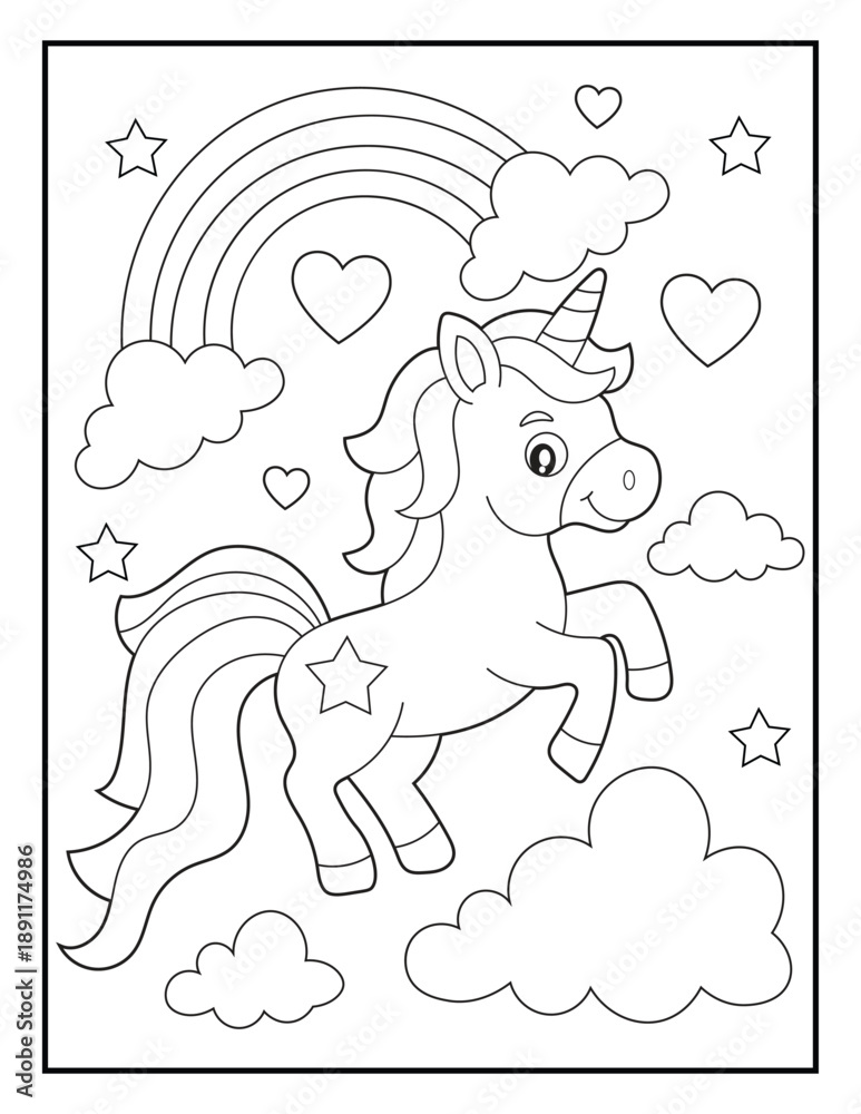 Fototapeta premium Cute Unicorn Jumping Over Clouds and Rainbow Coloring Page for Kids with Hearts and Stars.