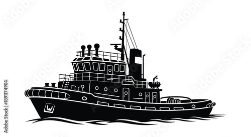 A striking black graphic depicts a powerful tugboat on water showcasing its detailed structure as a bold silhouette high quality