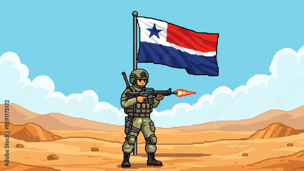 Obraz premium Pixel art soldier with panama flag in desert scene
