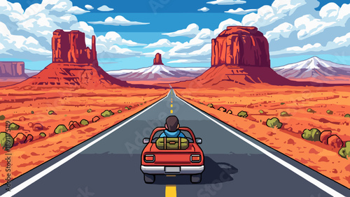 Retro pixel art road trip through desert canyon scenery