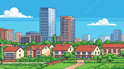 Charming suburb with skyscraper background in vibrant pixel art style